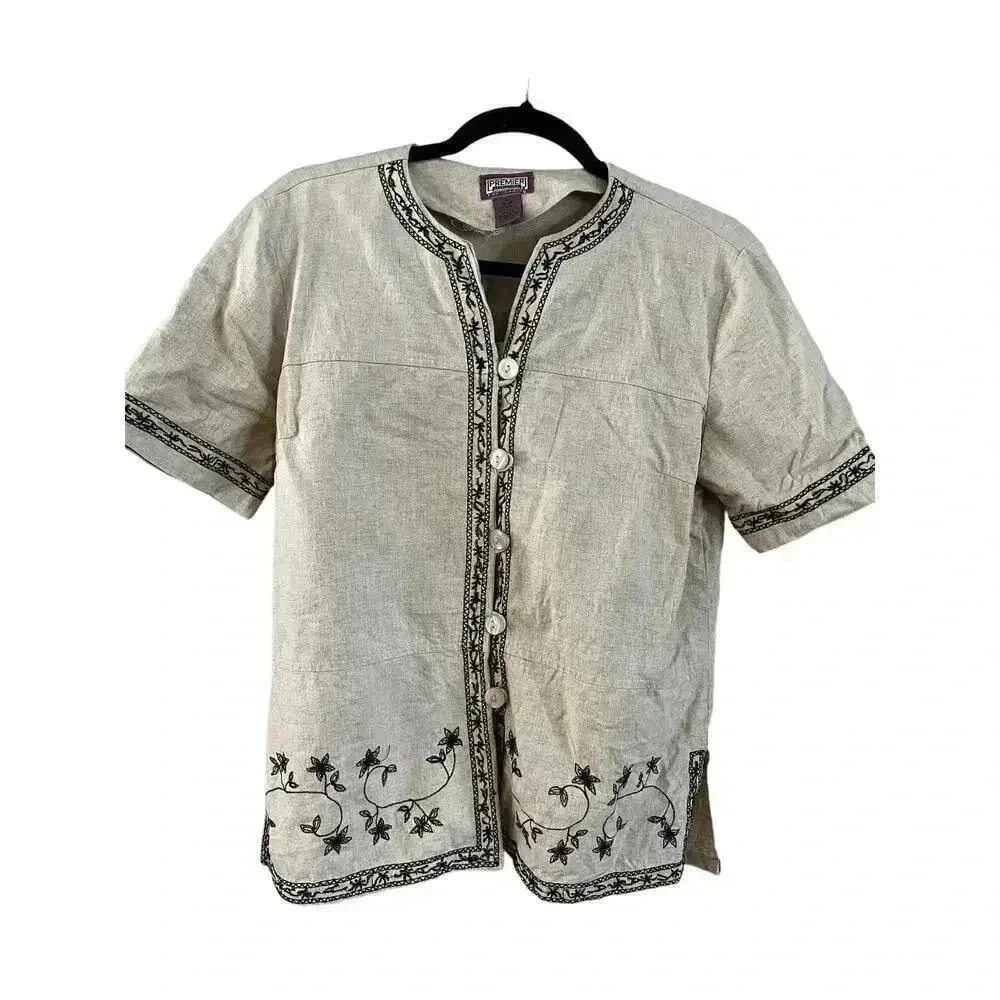 Vintage Premier Linen Cotton Women’s Shirt Button Up Embroidered Size Small